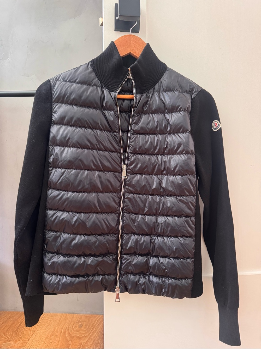Moncler Black Quilted Down-Front Knit-Sleeve Jacket